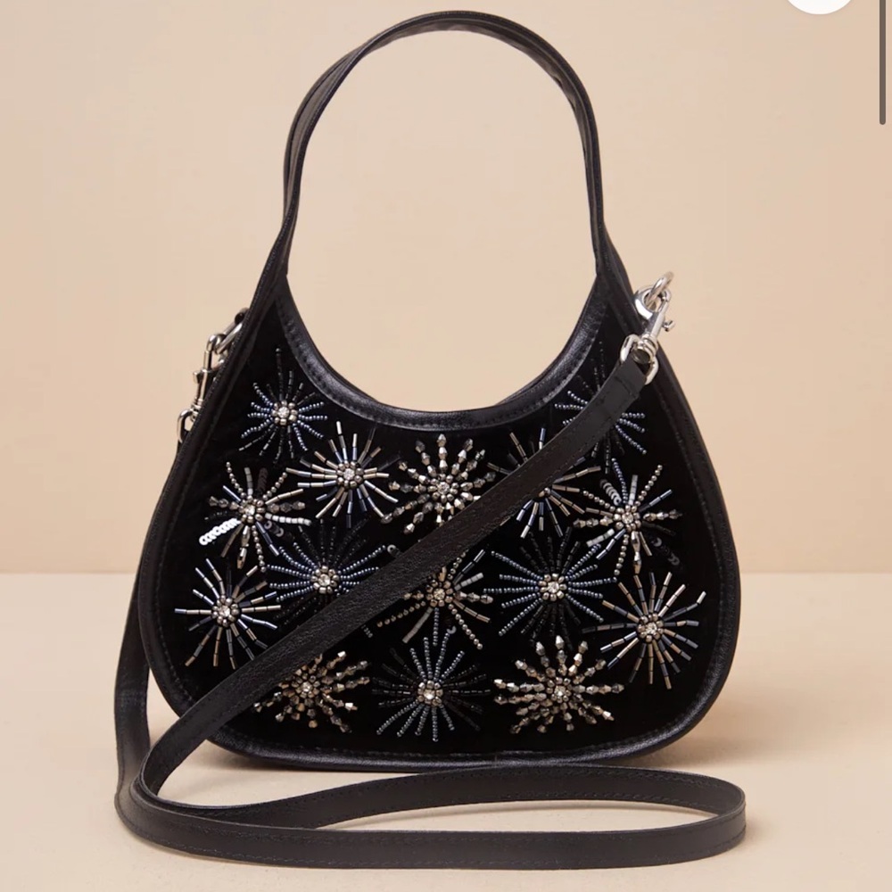 Lulus Serenely Starry Black Velvet Beaded Rhinestone Handbag